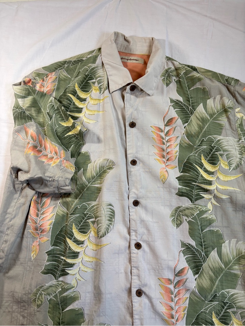 Tommy Bahama Light Gray Tropical Shirt Jacket with Green Leaf and Coral Accents